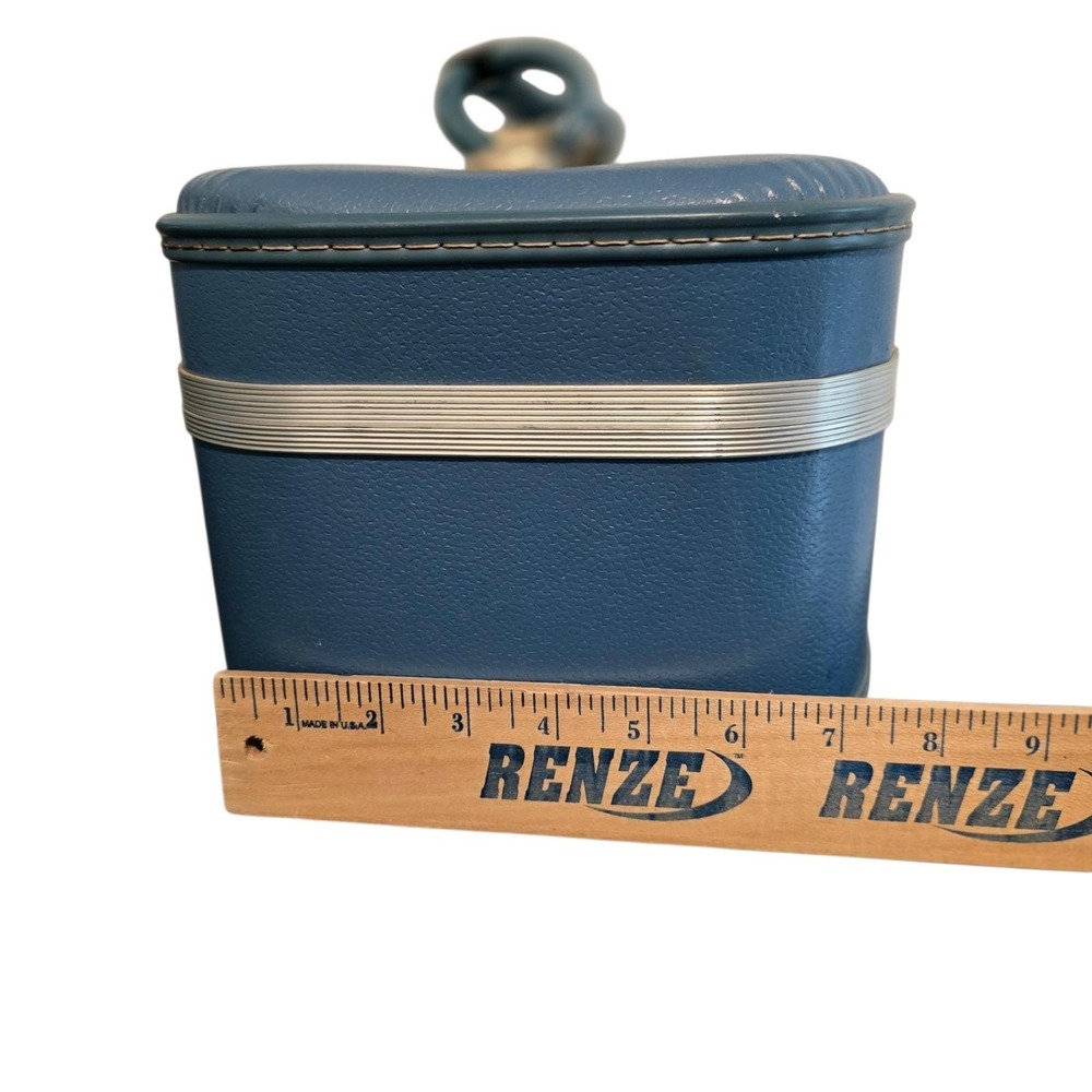 Vintage Blue Hard Shell Train Case Makeup Vanity Travel Bag Mirror Mid Century - Picture 7 of 11